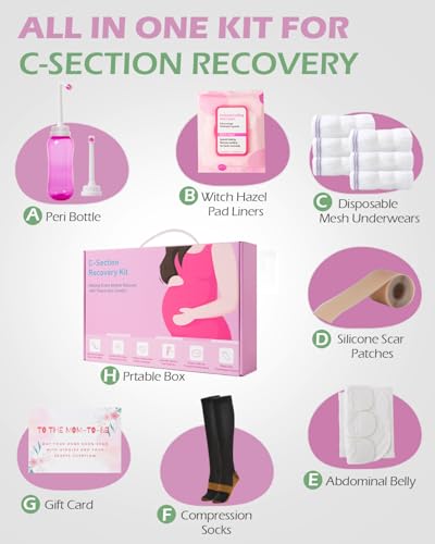 SOFTCA C Section Recovery Must Haves Kit - Peri Bottle,Disposable Mesh Underwears,Witch Hazel Pad Liners,Silicone Scar Pat...