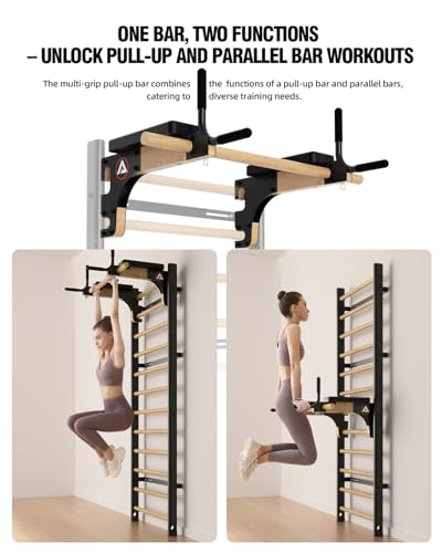 Swedish Ladder Pro, Wood Stall Bar with Push-Through Bar, Adjustable Pull-Up Dip Bar for Adults and Kids, Accessories Bund...