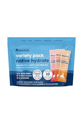 NativePath Native Hydrate Stick Packs with Electrolytes and Amino Acids, Variety Pack, Mixed Berry, Peach Mango, Tangerin...