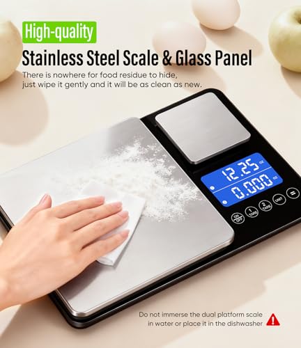 Digital Dual Platform Kitchen Scale, 33 lb Large & 1.1 lb Mini Food Scale with Dual-Line LCD Display, Stainless Steel, Hig...