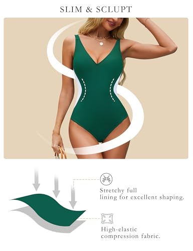 BMJL Women's One Piece Swimsuit Slimming Tummy Control Bathing Suit Deep V Neck Color Block Lace Up Back Swimwear