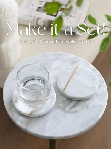 Adjustable-Height Marble Drink Table - 10x10x22-30, White Marble & Antique Brass, Modern Round End Table, Side Table with ...