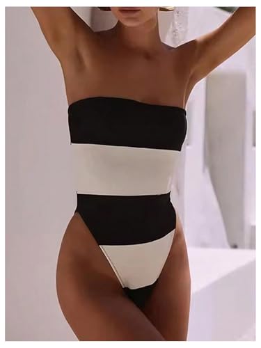 WDIRARA Women's One Piece Color Block Strapless Swimsuit High Cut Bandeau Bathing Suit