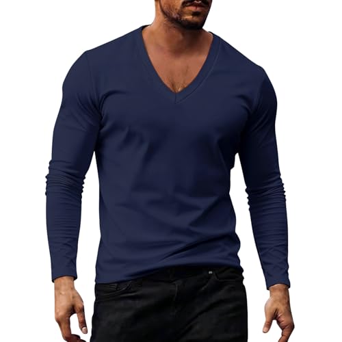 HJINGSUN Mens Long Sleeve Shirt V Neck Plain Shirts Lightweight Breathable Slim Muscle Tshirts Casual Spring Fall Tops 2026