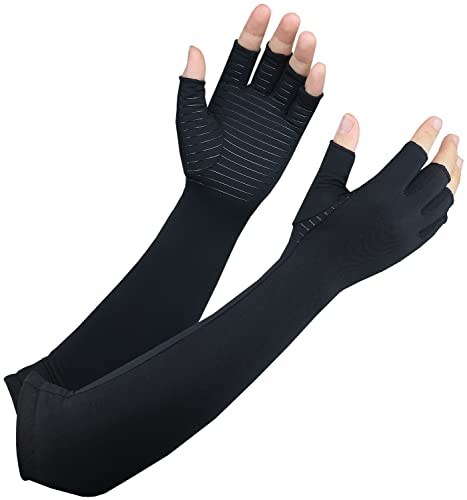 Copper Long Arthritis Gloves,Long Wrist Compression Arm Sleeve Carpal Tunnel Gloves, Fingerless Hand Compression Gloves fo...