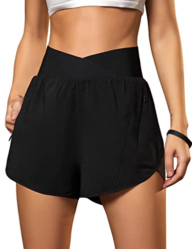 Blooming Jelly Women's Workout Shorts Athletic Running Shorts Crossover High Waisted Gym Shorts with Zipper Pockets