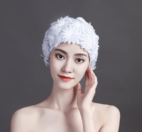 Women's Swan Style Elegant Floral Swimming Cap Pastel Bathing Cap High Elastic Short Long Hair Bath Hat