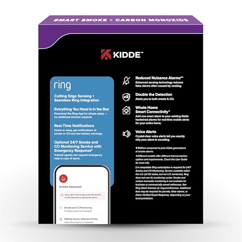 Kidde Smart Smoke and Carbon Monoxide Detector, Ring App Enabled for Real-Time Notifications, Hardwired Alarm, AA Backup Battery