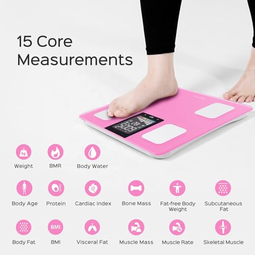 FITDAYS Smart Body Fat Scale, Bluetooth Composition Analyzer, 400lbs (Pink, 11"/280mm)