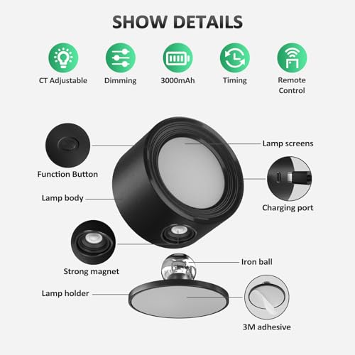 Lightbiz LED Wall Lights with Remote, Wall Mounted Sconces 3000mAh Rechargeable Battery Operated 3 Color Temperatures & Di...