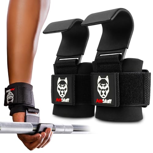 AmStaff Fitness Weight Lifting Hooks (Pair) - Gym Wrist Straps with Steel Hooks for Weightlifting, Pull-Ups, Deadlifts, St...