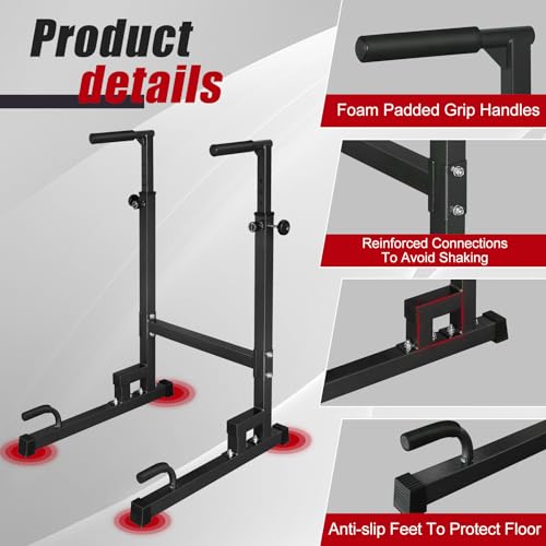 Portable Pull Up Dip Bar, Sturdy Dip Station with Adjustable Height, Multi-Function Parallel Bars for Home Gym Strength Tr...