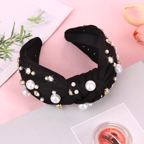 Brimekichio Black Headband for Women Girls Pearl Knotted Headband Clear Rhinestone Head Band Black Hair Accessories Women