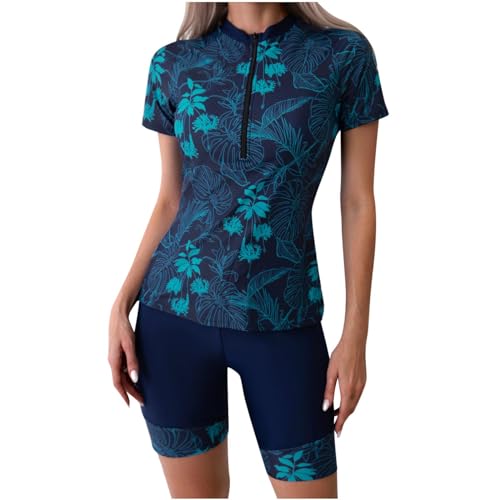 Women Two Piece Rash Guard Short Sleeve Swim Shirt with Shorts Swimsuits Zipper Surfing Bathing Suit Swimwear Set