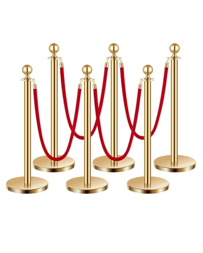 VEVOR Stanchions and Velvet Ropes 6Pcs, Hollow Base with Stainless Steel Post, 4 Red Velvet Ropes and Posts, Crowd Control...