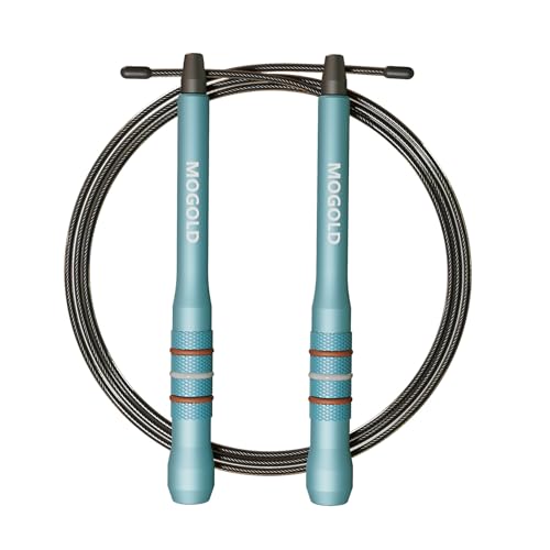 MOGOLD Speed Jump Rope, Turquoise Aluminum Alloy Handles with PVC Steel Wire, 17cm Handle, 118-Inch Adjustable Rope, 360-D...