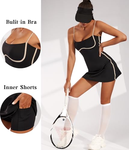 Move With You Womens Workout Tennis Dress with Built-in Bra & Shorts Pockets Sleeveless Exercise Golf Dresses
