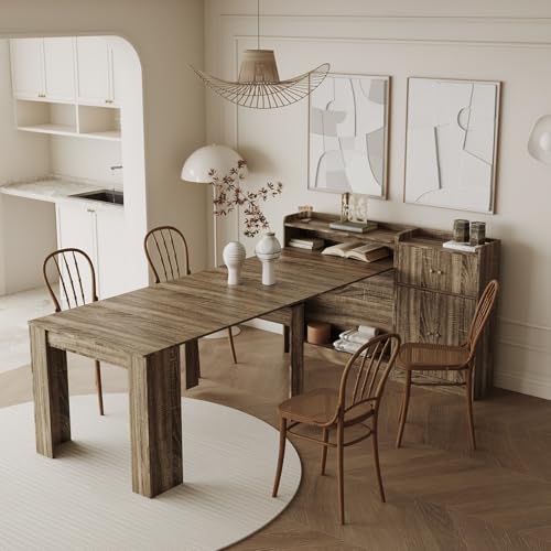 KEIKI 30”-88.4”L Extendable Foldable Dining Room Table with Storage for 1-10 People, Wood Modern Rustic Rectangle Expandab...