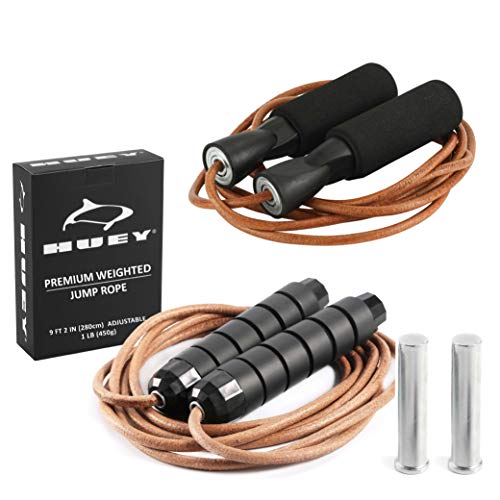 HUEY Sport Leather Jump Rope Set | 5.5 ounce & 1 pound Combination | Adjustable Skipping Rope for Speed Quiet Training Box...
