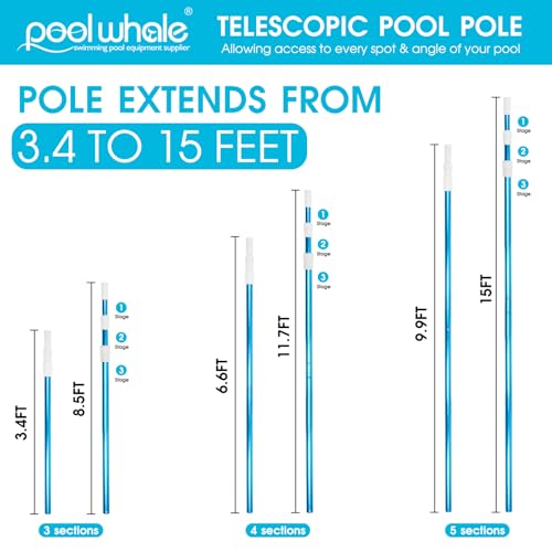 POOLWHALE Premium 15 Foot Telescopic Swimming Pool Pole, Adjustable 3 Piece Extendable Pool Cleaning Pole, Blue Anodized A...