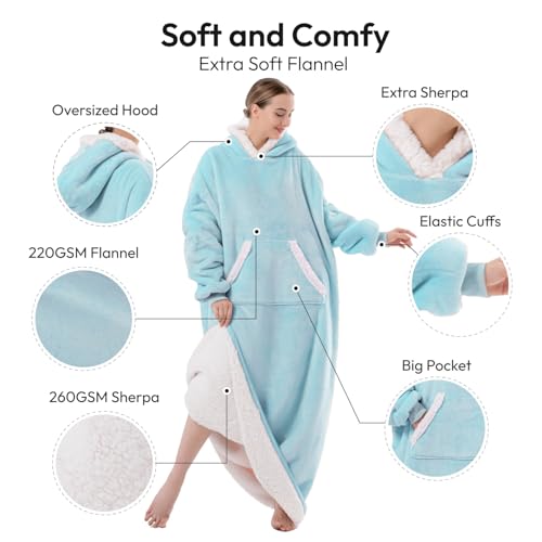 Sioloc Wearable Blanket Hoodie for Women/Kids/Men, Oversized & Cozy Sherpa Lined Hoodie Sweatshirt Blanket(Baby Blue,Overs...