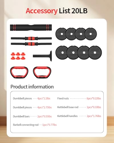 Adjustable Dumbbells,20/30/40/60/80lbs Free Weight Set with Connector, 4 in1 Dumbbells Set Used as Barbell/Kettlebells/Pus...