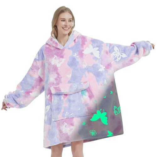 Glow in The Dark Butterfly Wearable Blanket Hoodie for Adult,Oversized Sherpa Fleece Blanket Hoodie for Women,Butterfly