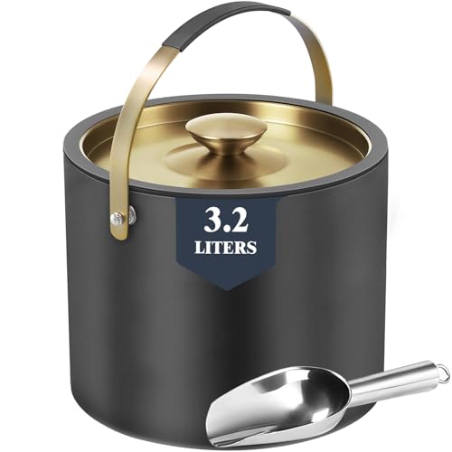 3.2L Insulated Ice Buckets for Parties, Elegant Double Wall Stainless Steel Champagne Buckets with Lid & Scoop,Ideal for C...
