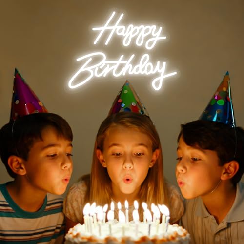 Happy Birthday Neon Sign - 16.5x9.8 Inch White Birthday Neon Light for Wall Decor, USB Powered Dimmable Party Decorations ...