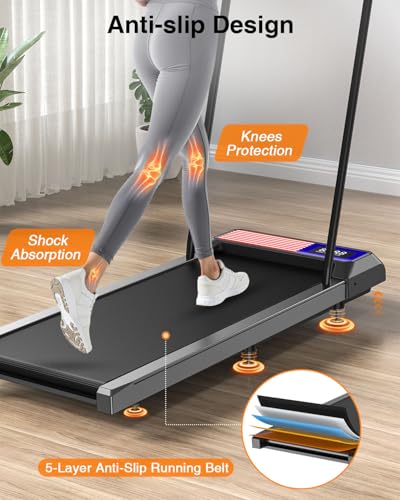 Walking Pad Treadmill with Handle Bar, 2.5 HP Portable Compact Under Desk Treadmills, 5.0 Speed Walking Pad with App, Smal...