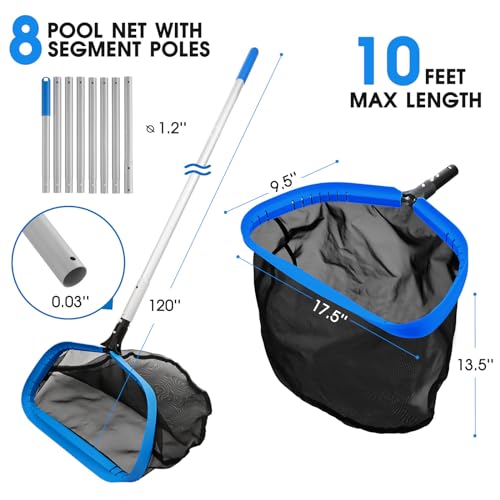 17.5'' Self-repair Pool Net with Pole 10 Ft Thick Aluminum 8 Sections Detachable Pool Poles & Nylon Fine Mesh Netting Bag ...