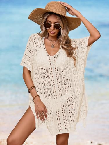 BreathSunny Womens Crochet Knit Swimsuit Coverup Beach Dress Summer 2025 Oversized V Neck Cap Sleeve Bathing Suit Cover Up