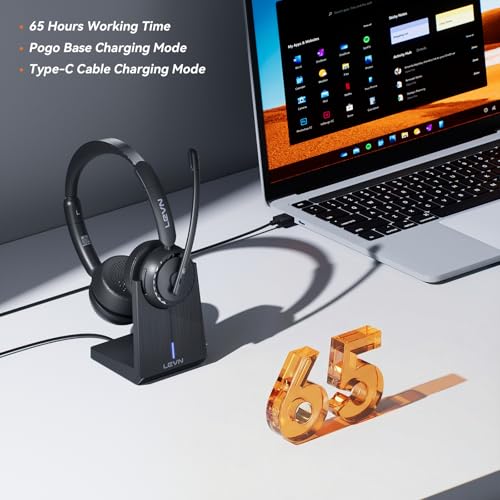 LEVN Wireless Headset, Wireless Headset with Mic for Work, AI Noise Cancelling, 65 Hrs Working Time, Bluetooth Headphones ...