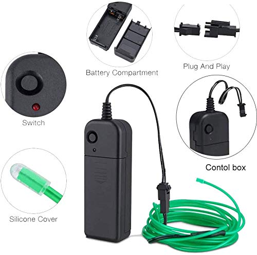 MaxLax EL Wire Neon Lights Strip, 32.8ft Green Portable Battery Pack for Parties, Halloween, DIY Decoration