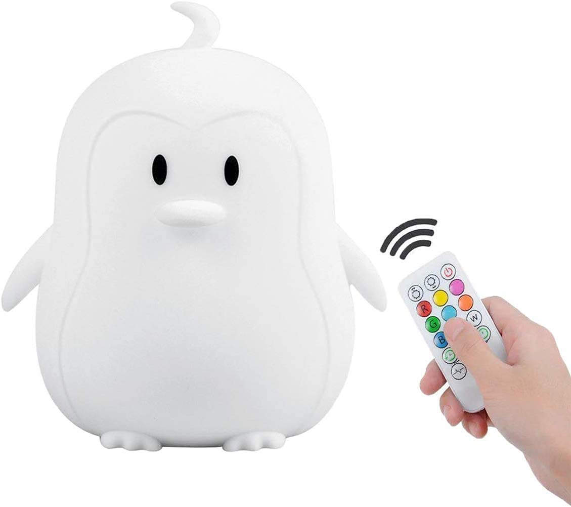 Tekemai LED Night Light, Silicone Penguin Lamp - 9 Colors, USB Rechargeable, Remote Control, Dimmable, White, Model TC886-4