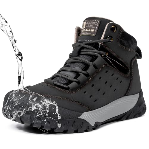KEFUWU Men's Hiking Boots Waterproof Non-Slip Leather Mid Top Ankle Boot Lightweight Hiker Breathable Trekking Boot