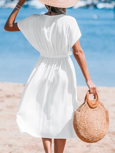 CUPSHE Women Beach Cover Up V Neck Short Sleeve Striped Midi Swimsuit Coverup Dress XS-XXL