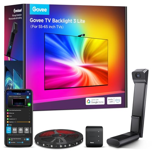 Govee TV Backlight 3 Lite with Fish-Eye Correction Function Sync to 55-65 Inch TVs, 11.8ft RGBICW Wi-Fi LED Strip Lights w...