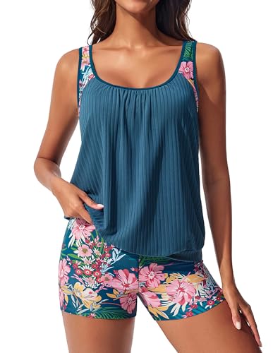 Hanna Nikole Tankini Swimsuits for Women, Textured Modest Swimsuit, Blouson Tankini with Sports Bra and Boyshorts