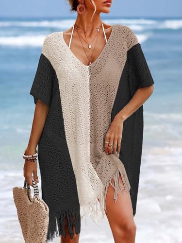 BreathSunny Womens Oversized Crochet Beach Dresses Summer 2026 Scoop Neck Cap Sleeve Bathing Suit Cover Up Mini Dress