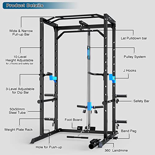 ULTRA FUEGO Power Cage, Multi-Functional Power Rack with J-Hooks, Dip Handles, Landmine Attachment and Optional Cable Pull...
