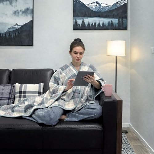 forestfish Wearable Blanket Poncho With Pockets And Buttons, Flannel Shawl Wrap Blanket For Women Soft And Warm