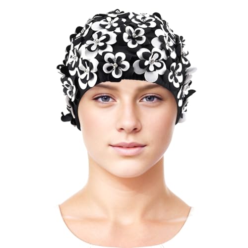 Medifier Vintage Floral Petal Swim Cap Bathing Hats for Women and Girls - Retro Elastic Swimming Turban with Flowers, Rhin...