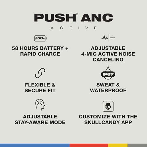 Skullcandy Push ANC Active Wireless Earbuds, Bluetooth Headphones, Noise Cancelling, 58 Hours Battery, Secure-Fit Over-Ear...