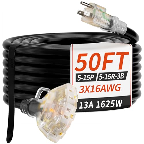 PlugSaf 50 FT 16/3 Gauge Outdoor Extension Cord with Multiple Outlets Light Indicator, Flexible 3 Outlet Weatherproof Exte...