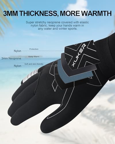 XUKER Neoprene Gloves Women Men, 3mm Wetsuit Dive Gloves Keep Warm for Diving Scuba Kayaking Snorkeling Swimming Water Sports