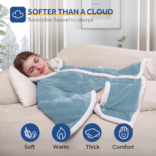 Sealy Heated Throw Wearable Shawl Wrap with Pockets, Reversible Flannel to Sherpa Electric Blanket Hoodie Poncho with 6 He...