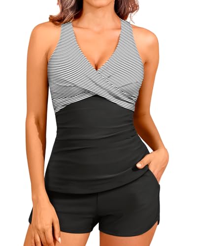 Women Tankini Swimsuits with Shorts - Two Piece Tummy Control Bathing Suits Top with Two Pockets Bottom Swimwear