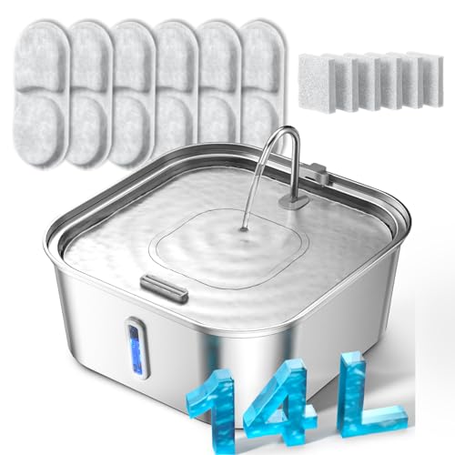 Large Dog Water Fountain 14L/3.7Gal, Stainless Steel Pet Fountain for Large Dogs and Multi-Pets Families, Visible Window &...