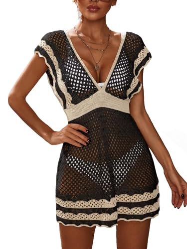 MakeMeChic Women's Crochet Cover Up Dress V Neck Cap Sleeve Hollow Out Bathing Suit Beach Dresses